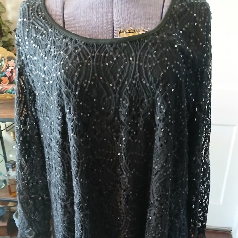 Plus Size Brittany Black Women’s Black Sequence Lace Top Tunic Sheer Sleeve